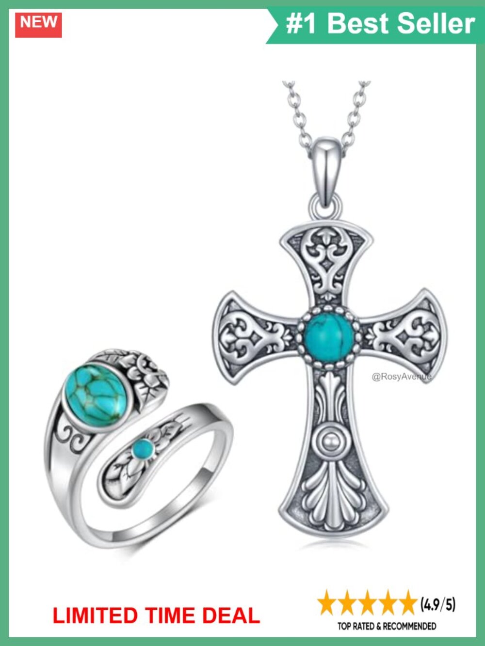 925 Sterling Silver Turquoise Cross Necklace & Ring Set
